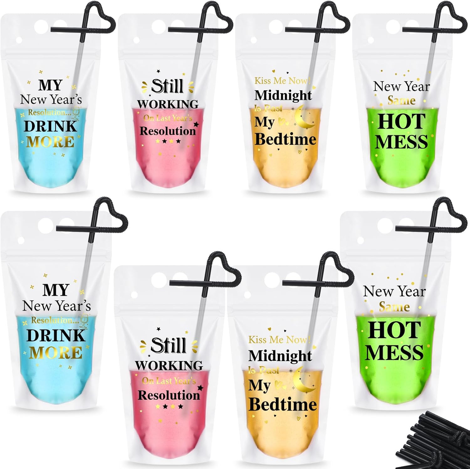 Skyley 24-Piece Funny NYE Drink Pouches with Smoothie Straws for Party  