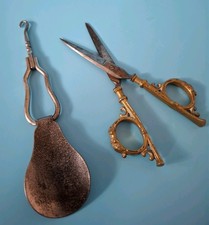 Antique 19th Century Sewing Scissors Brass & Button Hook Shoe Horn Rare