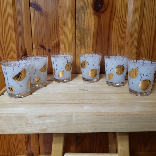 Vtg MCM 22 KT Gold FEDERAL Frosted Fruit Design Low Ball Glass Set 6 Hard Find - Picture 4 of 15