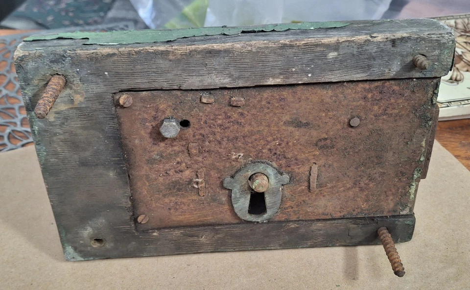 Antique Original Wooden & Metal Rim Lock with Iron Key, Green Paint, Salvage - Image 2 of 4