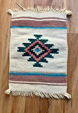 HANDMADE NAVAJO DESIGN WOVEN WOOL MAT - 19" X 14" - MULTICOLOR DESIGN ON WHITE