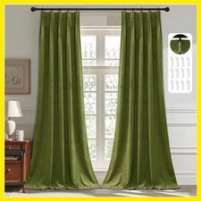 Olive Green Velvet Pinch Pleated Curtains 96 inches Long, Block Light Thermal...