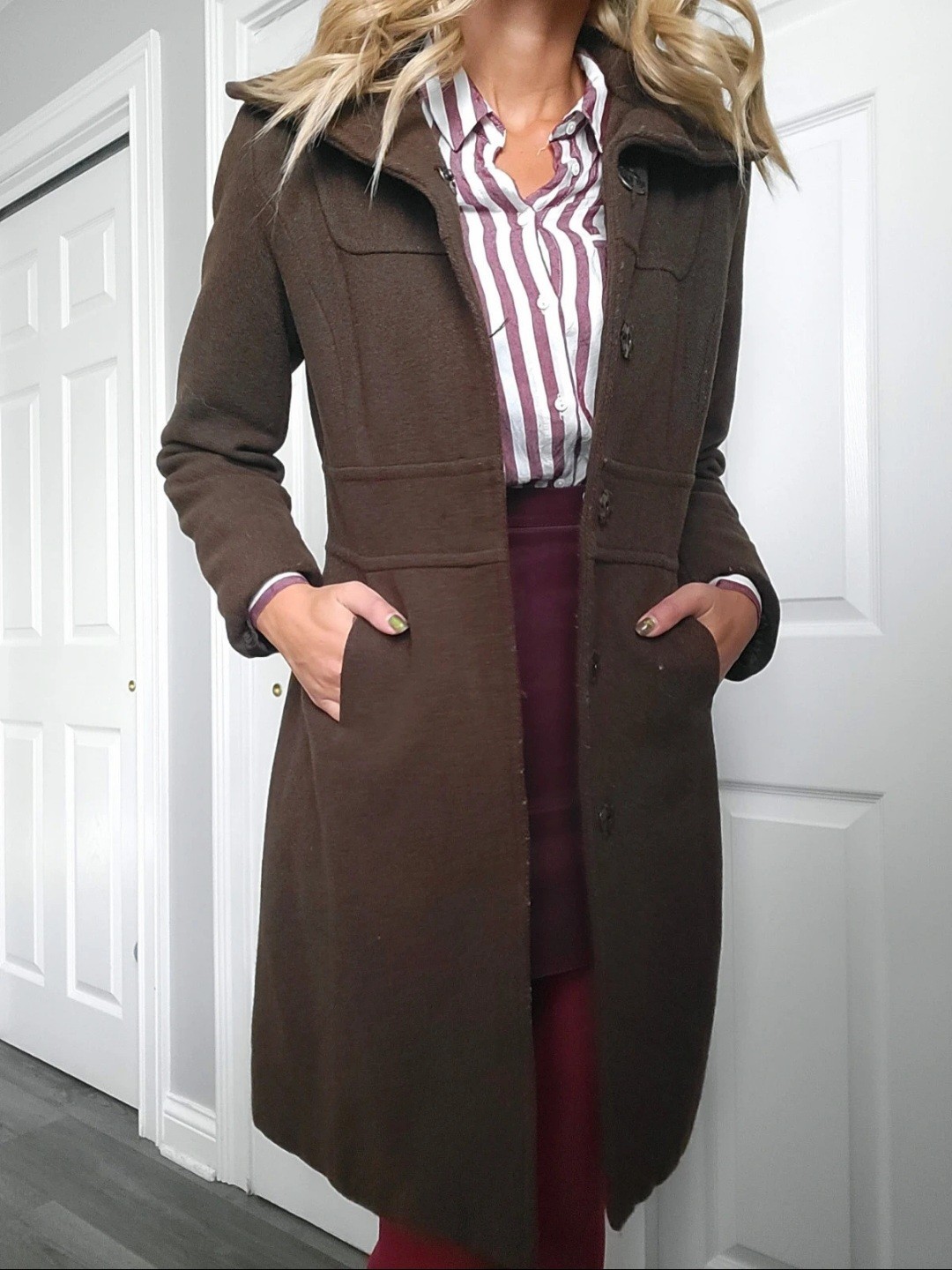 Mossimo Brown Mid-Length Overcoat Button Collared… - image 4