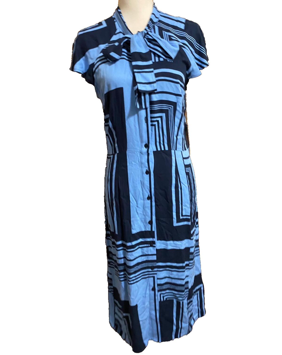 NWT Sz4 LIZ CLAIBORNE WOMEN Short Sleeve Geometric MIdi A- Line Dress Blue