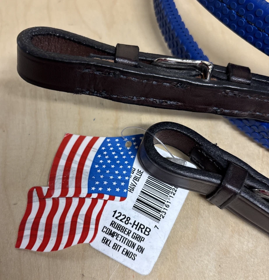 Riendas de competición con agarre de goma de cuero Tory - Habana y azul real - 5/8" x 60" Foto 2 de 4