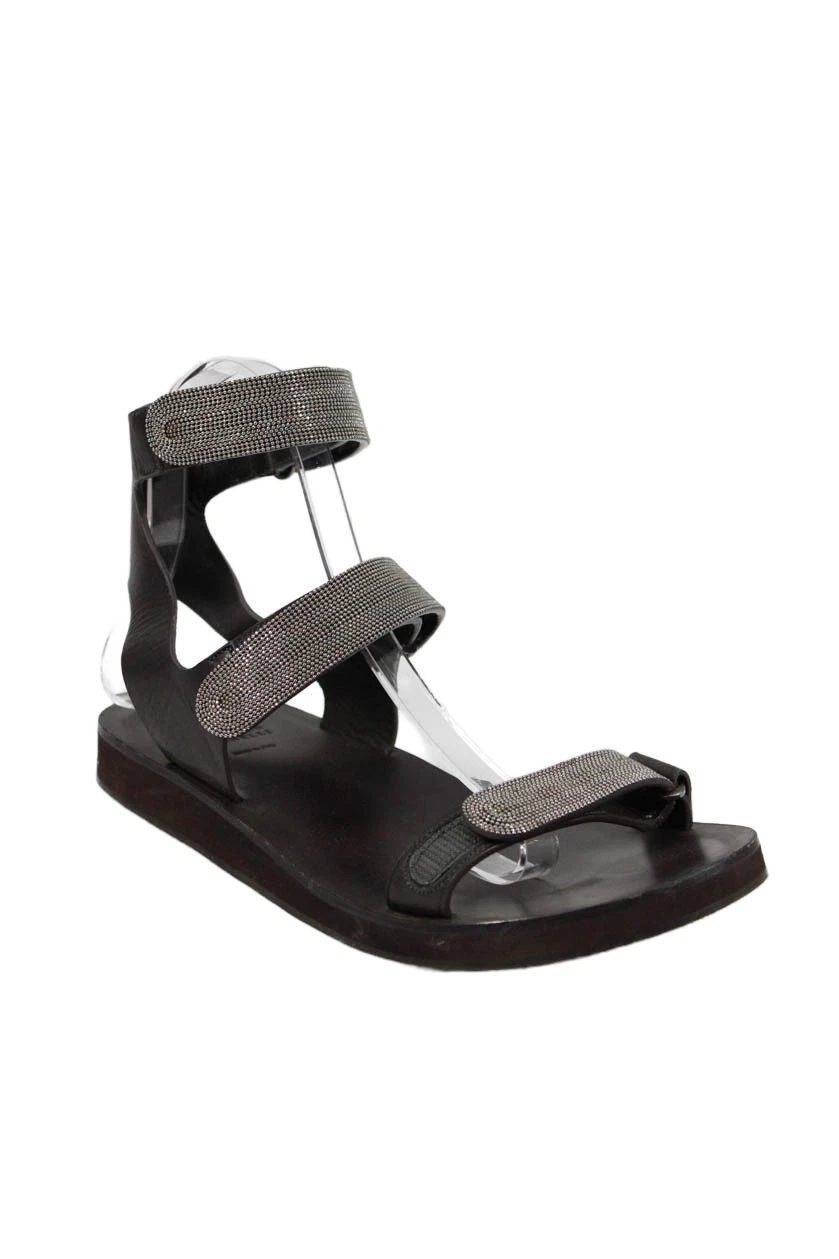 Brunello Cucinelli Womens Rhinestone Straps Leather Flat Sandals Brown Size 36.5