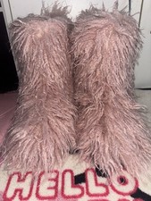 🎀Pink Faux Mongolian Fur Emo Scene Baddie Yeti Y2K Winter Rave Festival Boots🎀