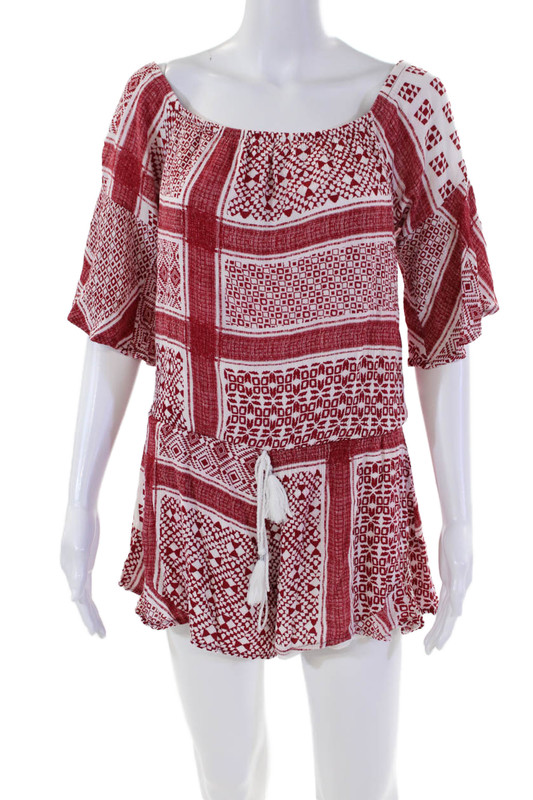 Surf Gypsy Womens Geometric Print Off Shoulder Romper Red Size S