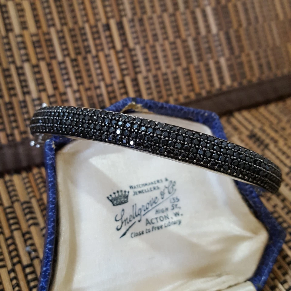 925 Sterling Silver Bracelet, Genuine Black Spinel Gemstones Bangle, 6.9" - Image 4 of 4