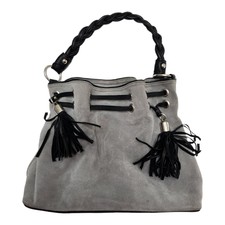 Mel Boteri Gray Leather Suede Purse Shoulder Bag Tassles Braided Handle