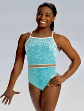 NEW Simone Biles GK Elite LEOTARD Gymnastics LACED ELEGANCE Teal MESH Size: AM