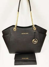 MICHAEL KORS 2 PC Set Nero Pelle + Oro Catena, JET TRAVEL Borsa + Portafoglio