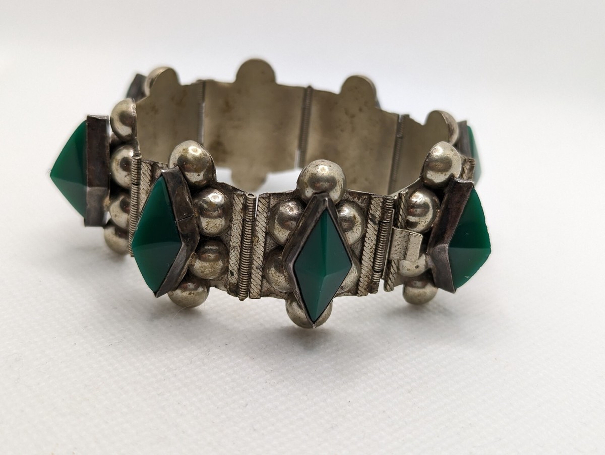バングル925 on the sunny side of the street Vintage Mexico Sterling Silver 925 Green Onyx Hinged Links