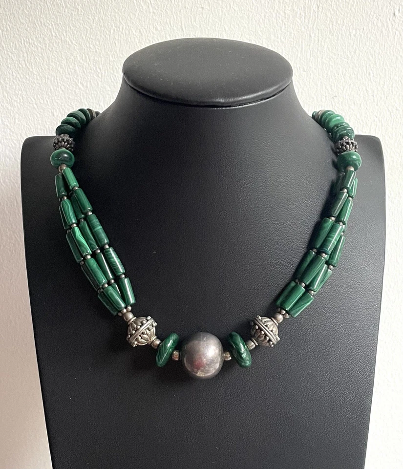 Collar grueso vintage de plata 925 navajo amerindia malaquita 17" Foto 3 de 4