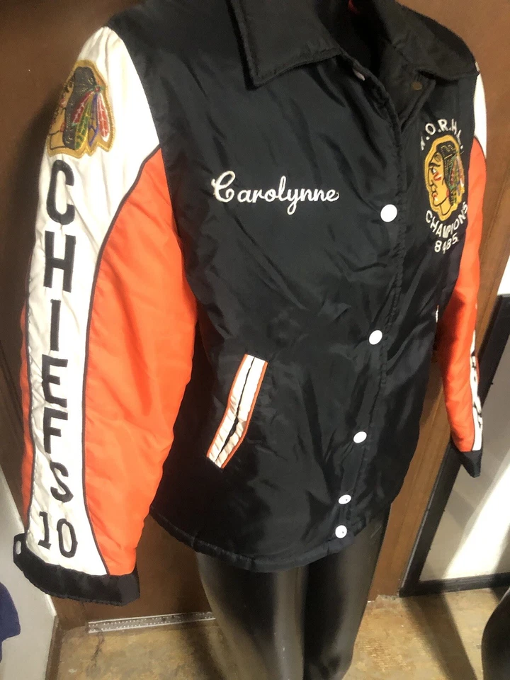 Chaqueta de hockey de ligas menores parche Chicago Blackhawks de colección años 80 AYR Chiefs mujer L Foto 4 de 4