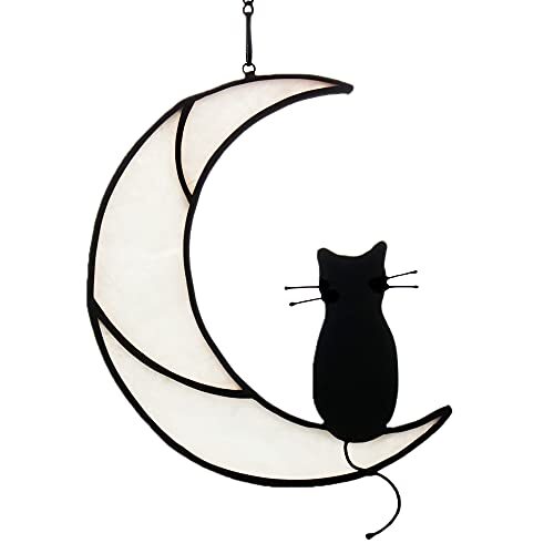 Vidrio Negro Gato En Luna Colgantes Ventana Adorno Regalo para Blanco - Imagen 2 de 7