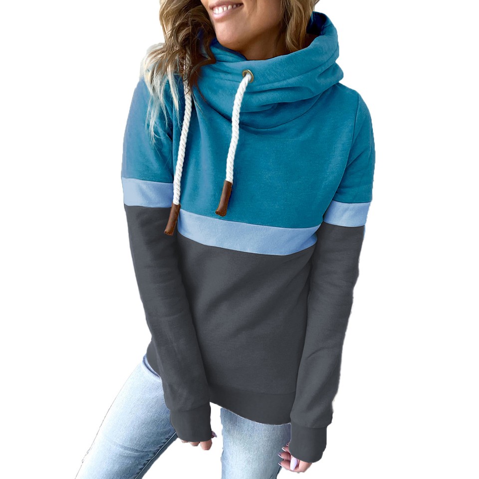 Women Hoodies Pure Color Block Turtleneck Hoodie Ladies Casual Hoodie