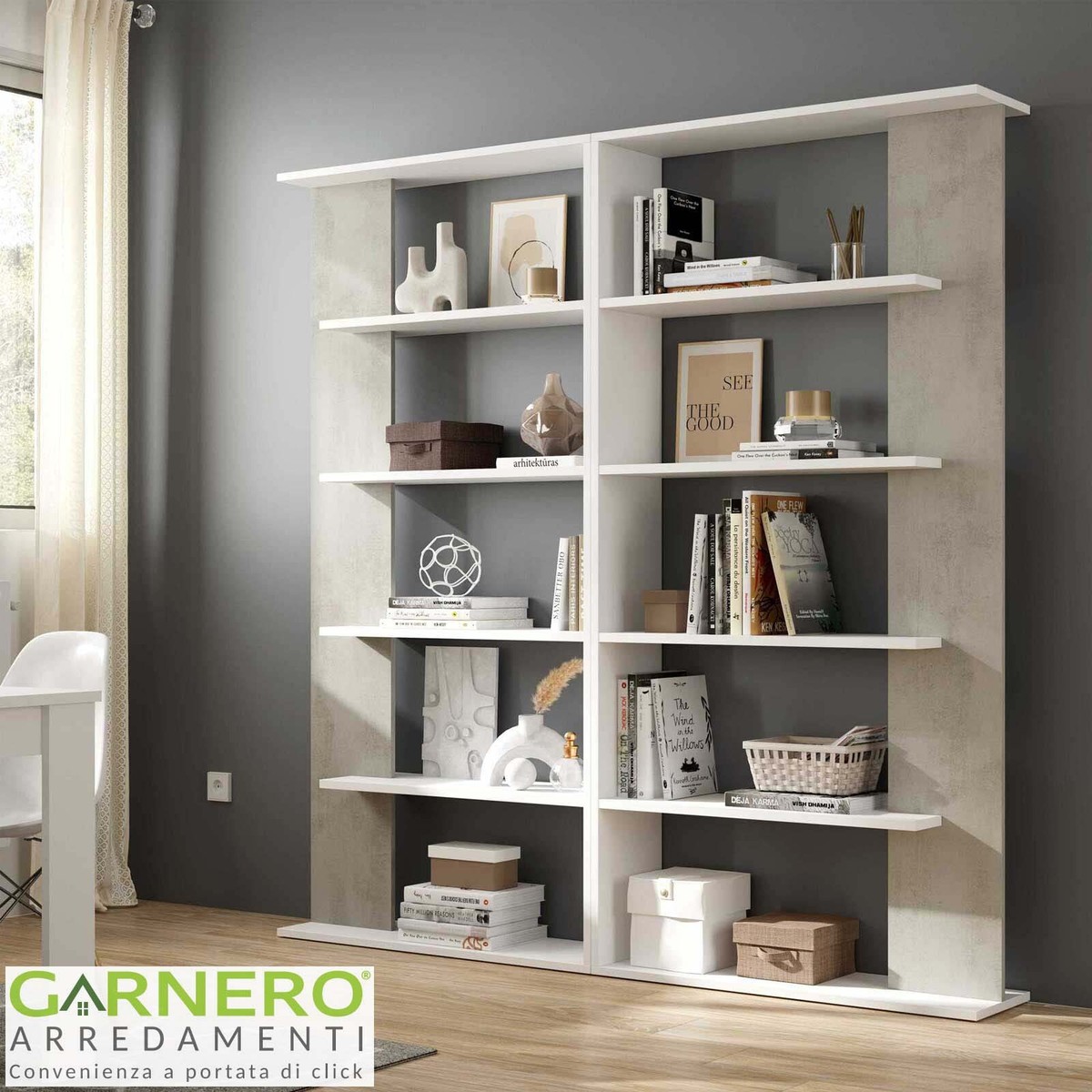 Libreria moderna design bianco opaco cemento AGATHA2 scaffali