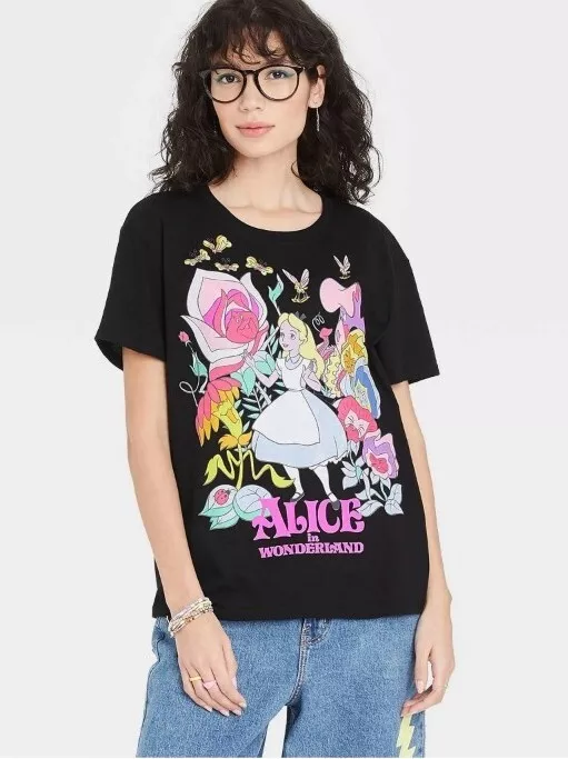 Alice In Wonderland Tshirt Disney Classic Black Womens Large Pink