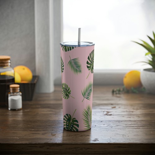 Monstera and Palm Leaf on Pink Skinny Steel Tumbler with Straw, 20oz - Picture 8 of 9