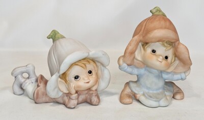 Elf or Pixie Ceramic Figurines Set of Two HOMCO Flower Hats