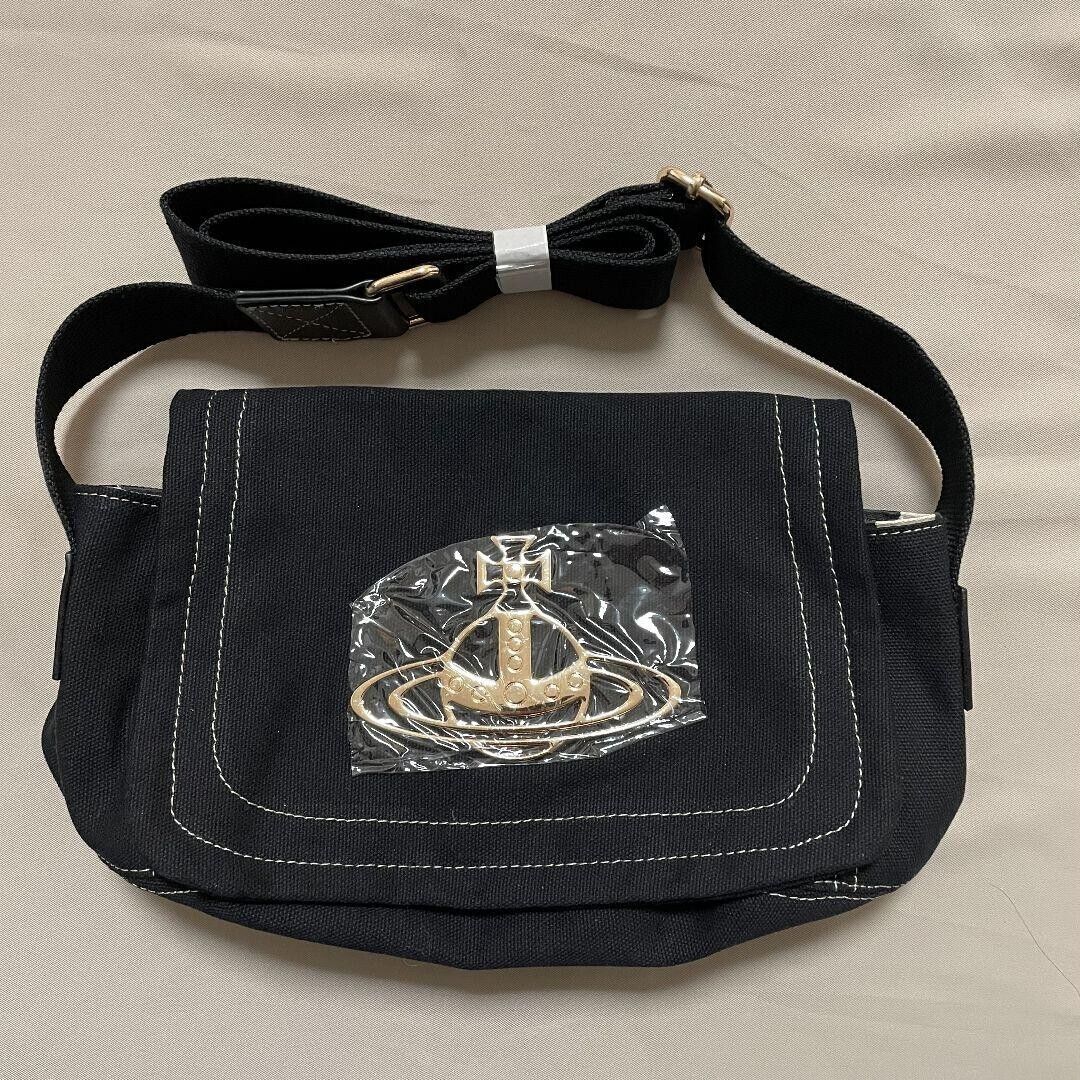 Vivienne Westwood Shoulder Bag Orb Gold Big Logo Beige Canvas Black Edgeware NEW