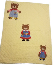 Vintage Baby Quilt Blanket Three Teddy Bears Handmade 53"x41" Thin Quilt