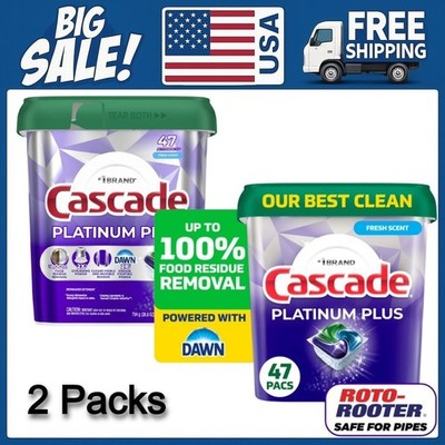 2 Pack Cascade Platinum Plus Dishwasher Detergent Pods Fresh 47 Count