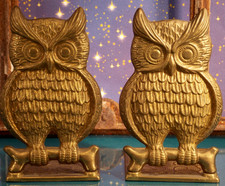 2 Vintage Buch Bücher Stützen Eule Uhu massiv Messing gold H 14,5 cm ANTIK
