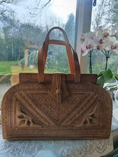 borsa vintage in pelle lavorata marocchina con manici superiori colore pallido