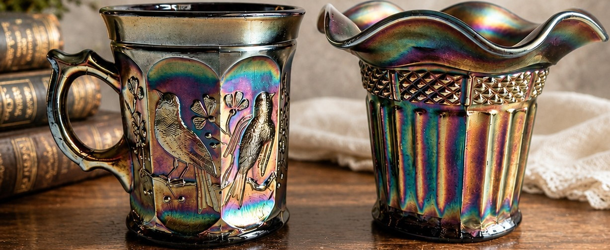 Vintage Carnival Glass Iridescent Mug & Ruffled Vase Black Amethyst Bird Lot 2