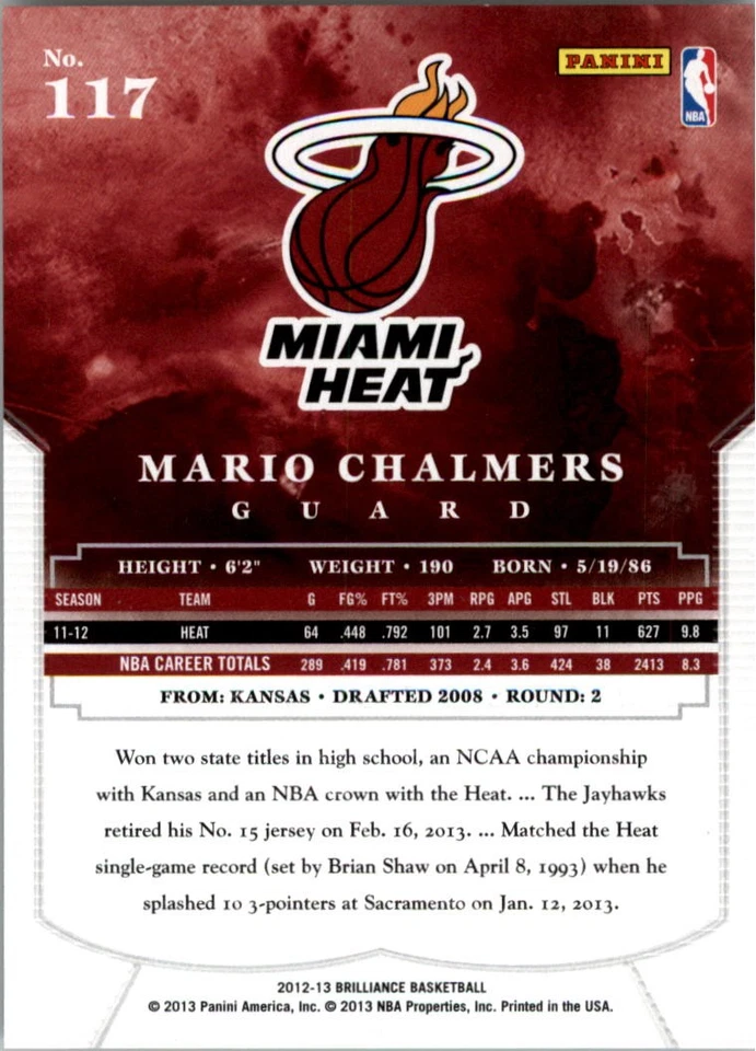 2012-13 Panini Brilliance Artists Proofs #117 Mario Chalmers /10 - BSK - Image 2 of 2