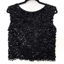 Vintage Black Sequin And Beaded Top Size Small Full Back Zipper Cropped Party