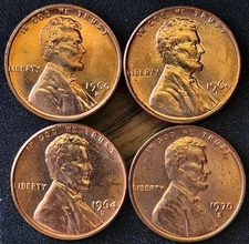 Lot of 4 Lincoln Cents Ch/BU Red; 196D SmDate, 1964D (2) & 1970S LGDate #3882