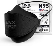 BNX N95 Mask NIOSH Certified MADE IN USA 1 Count Pack of 20 , Black