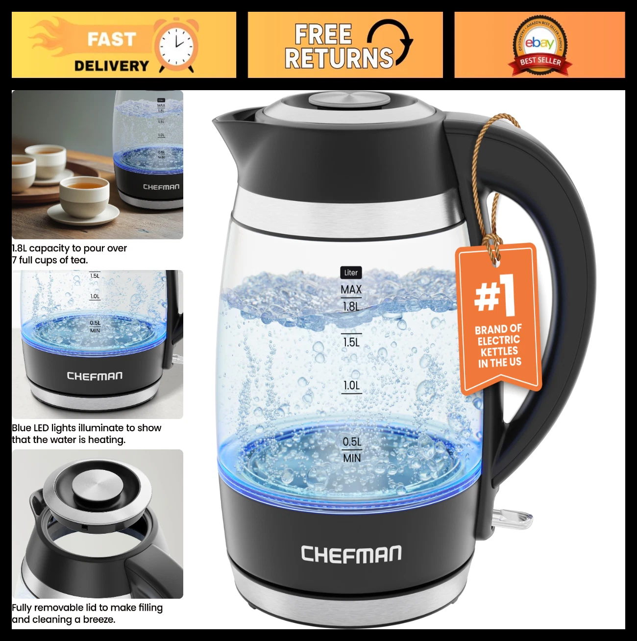 1.8L Electric Kettle 1500W Hot Water Boiler, Auto Shut Off, Removable Lid, BPA F