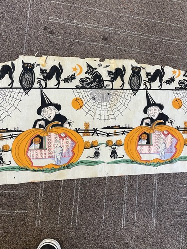 Antique 1920s Witch, Cat, Pumpkin Spider Halloween Crepe Paper Banner 9+ Feet - Picture 8 of 24