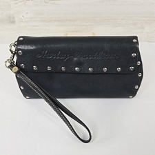 Harley-Davidson Black Leather Studded Wristlet Wallet Zip Pocket Snap Closure...