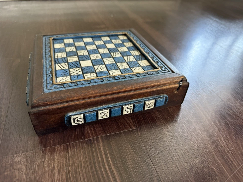 Vintage Mini Mayan Aztec Chess Set Blue & White 8x8 inches Not Complete READ - Image 3 of 4