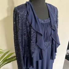 R&M Richards Set Dress Jacket 14 Blue Sequins Lace Ruffle Elegant MOB Wedding