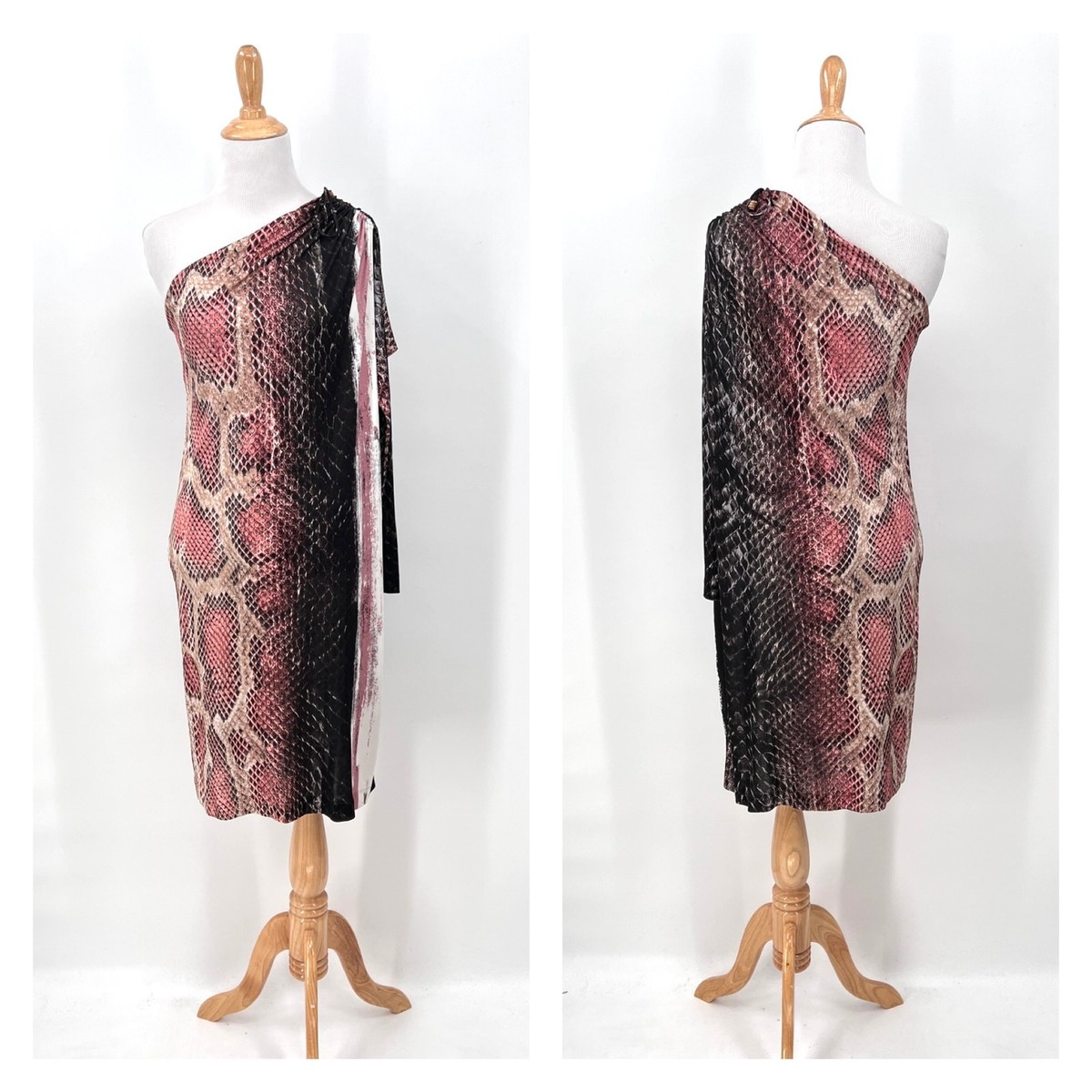 ROBERTO CAVALLI Python Printed One Sleeve Dress XL Pink Black