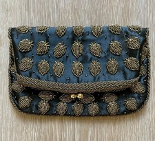 Vintage Black Satin Beaded Clutch Evening Bag Clutch Minaudiere VTG