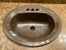 Vintage 1984 Brown Porcelain Bathroom Sink MCM Drop-In Vanity Basin 3-Hole