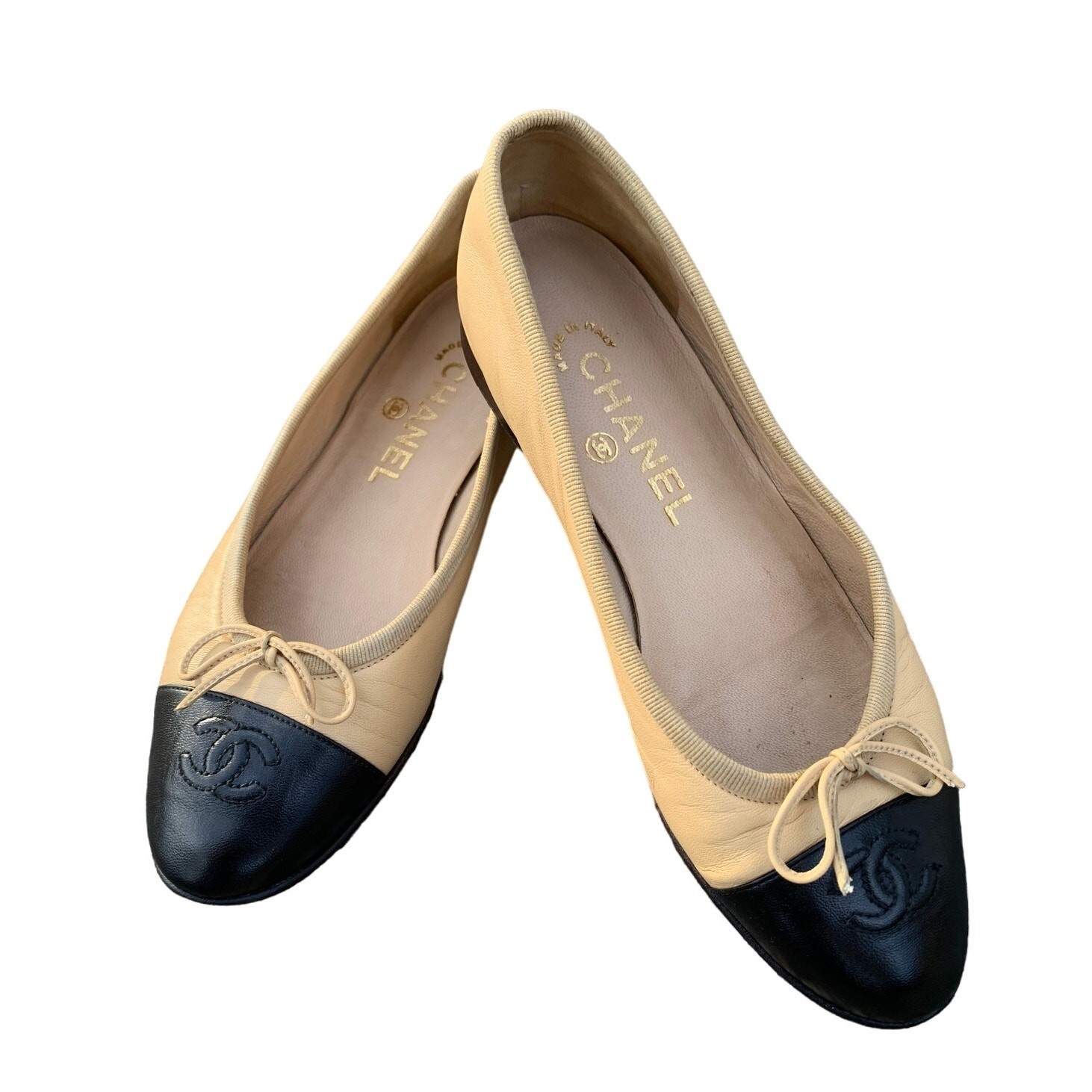 Authentic Chanel Lambskin Leather Ballet Flats EU 36 Two Tone Beige Black CC Tan image 4