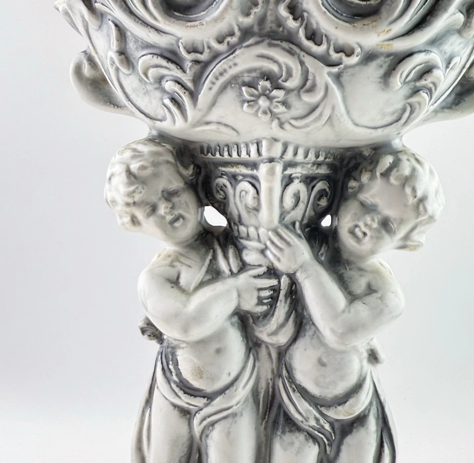 Jarrón antiguo con pedestal de querubín con cuenco festoneado decoración de tocador barroco Foto 2 de 4