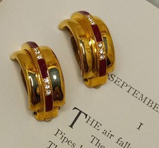 Vintage Clip Ons Gold-Tone Metal Red Enamel W/ Rhinestones 80s 90s Jewelry