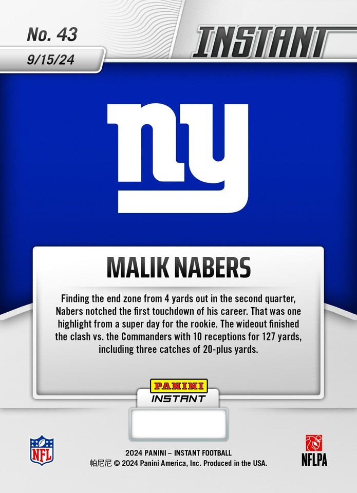 Carte Rookie 2024 Malik Nabers #43 Des Giants - Panini Instant Tirage Limité 1/1367