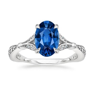 2.56 Ct Oval Cut Real Sapphire & Diamond Wedding Ring 14K Solid White Gold