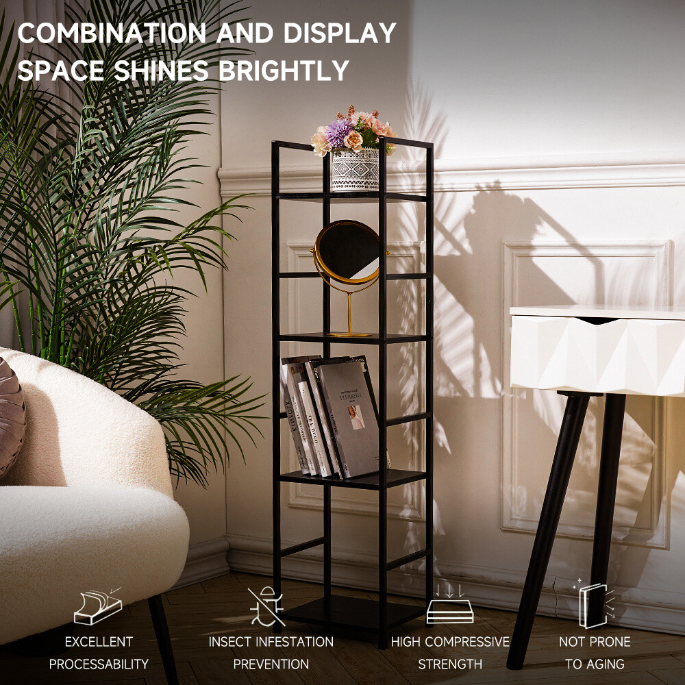 Industrial Bookcase Black Wood Grain Storage Display Shelving Unit