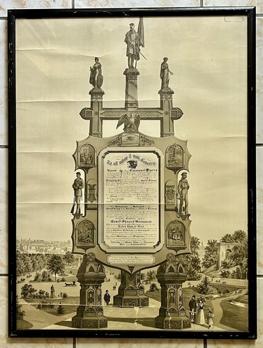 Antike 1896 Bürgerkrieg Staffelei Denkmal Souvenir Lithographie 22,5”x 30” gerahmt.